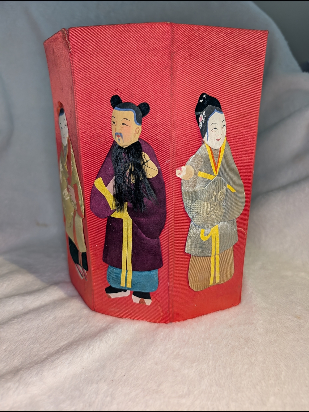 Rare Vtg Chinese 8 immortals Octagon Collapsible box container Mid Century Silk